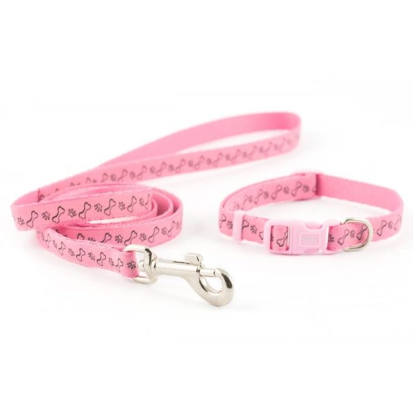 Small Bite Adjustable Collar and Lead Set Reflective Paw and Bone Design, 30 cm, Pink