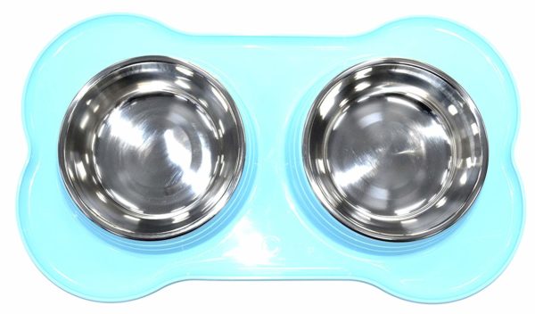 DOUBLE PET FEEDING STAINLESS STEEL BOWL WITH DOUBLE PLASTIC PET FEEDER DOG/CAT/ANY SMALL ANIMAL FOOD/WATER DISH (Blue)